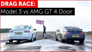 DRAG RACE Tesla Model 3 Performance vs MercedesAMG GT 63 S 4 Door Edition 1 [upl. by Itraa]