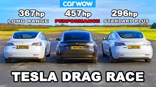 Tesla Model 3 DRAG RACE Performance v Long Range v Standard Plus [upl. by Eelyma632]