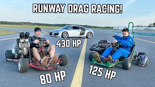 Racing our 900cc Ducati Kart vs 670cc 2 Stroke Go Kart at an AIRSTRIP feat Audi R8 [upl. by Hogg]