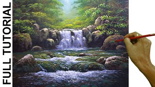 Acrylic Landscape Painting TUTORIAL  Waterfalls and Rushing River in the Forest  JMLisondra [upl. by Eimmij]